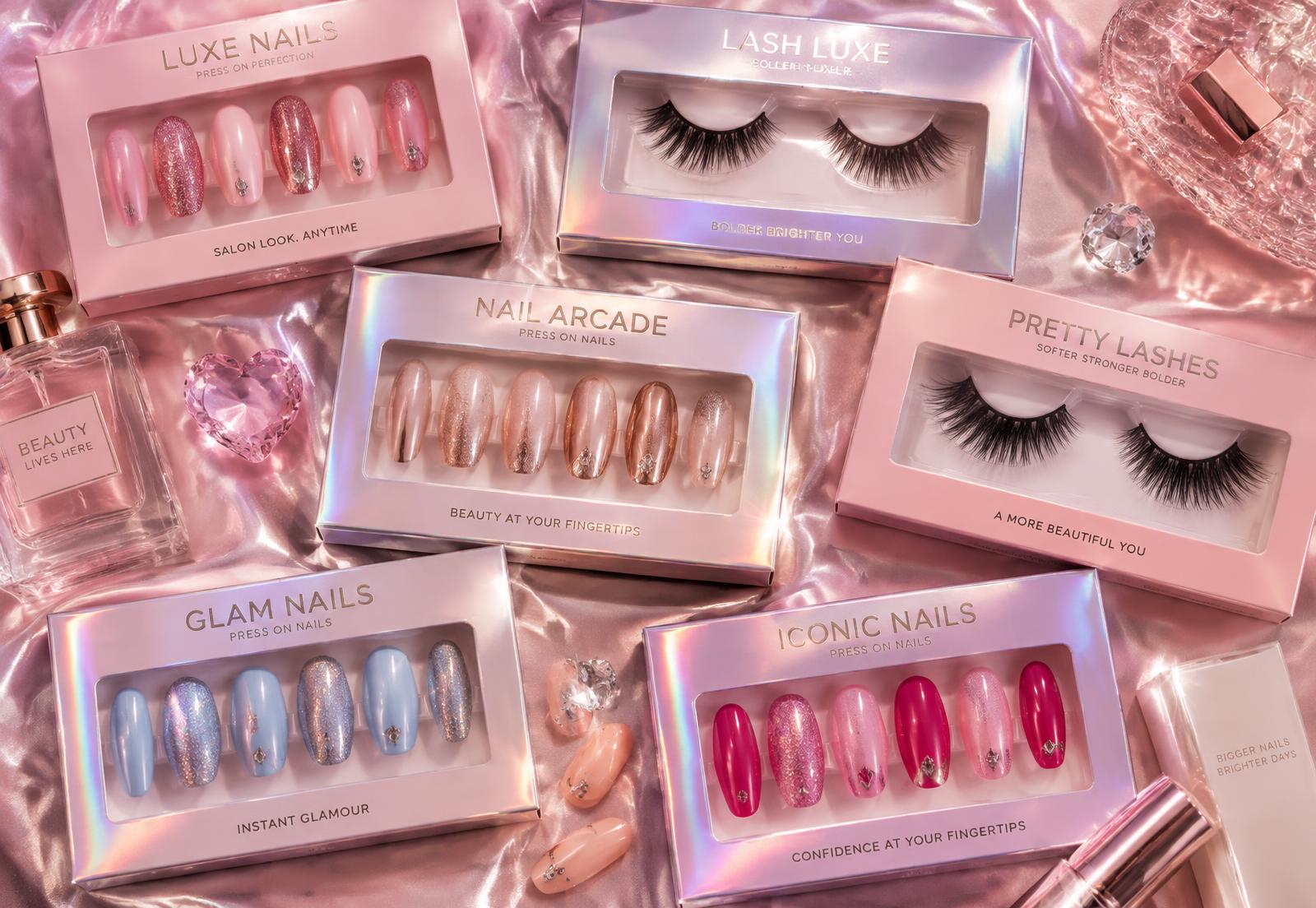 Colourful lash and nail kits flat-lay